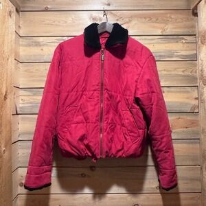 Vintage Red Quilted Bomber Jacket Women's Black faux fur Collar JonesWear XS 80s